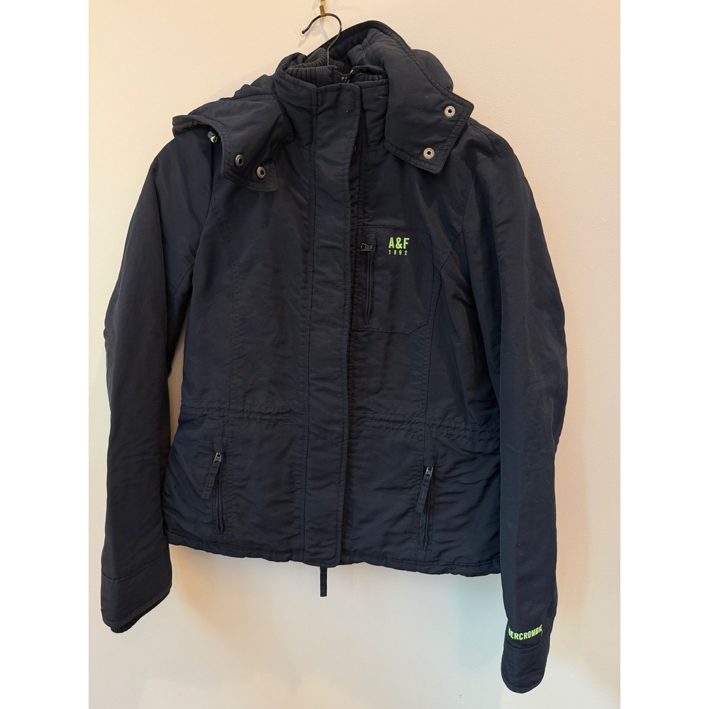 Abercrombie & Fitch Navy Blue Neon Green Fleece Lined Hooded Winter Jacket L